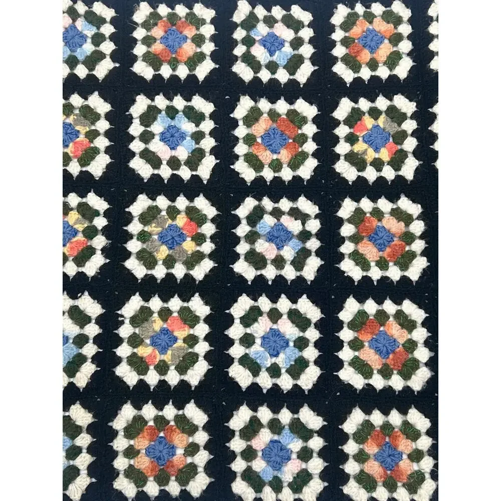 Vintage Crochet Granny Square Afghan Throw Blanket Black Multicolor 39x31 Boho